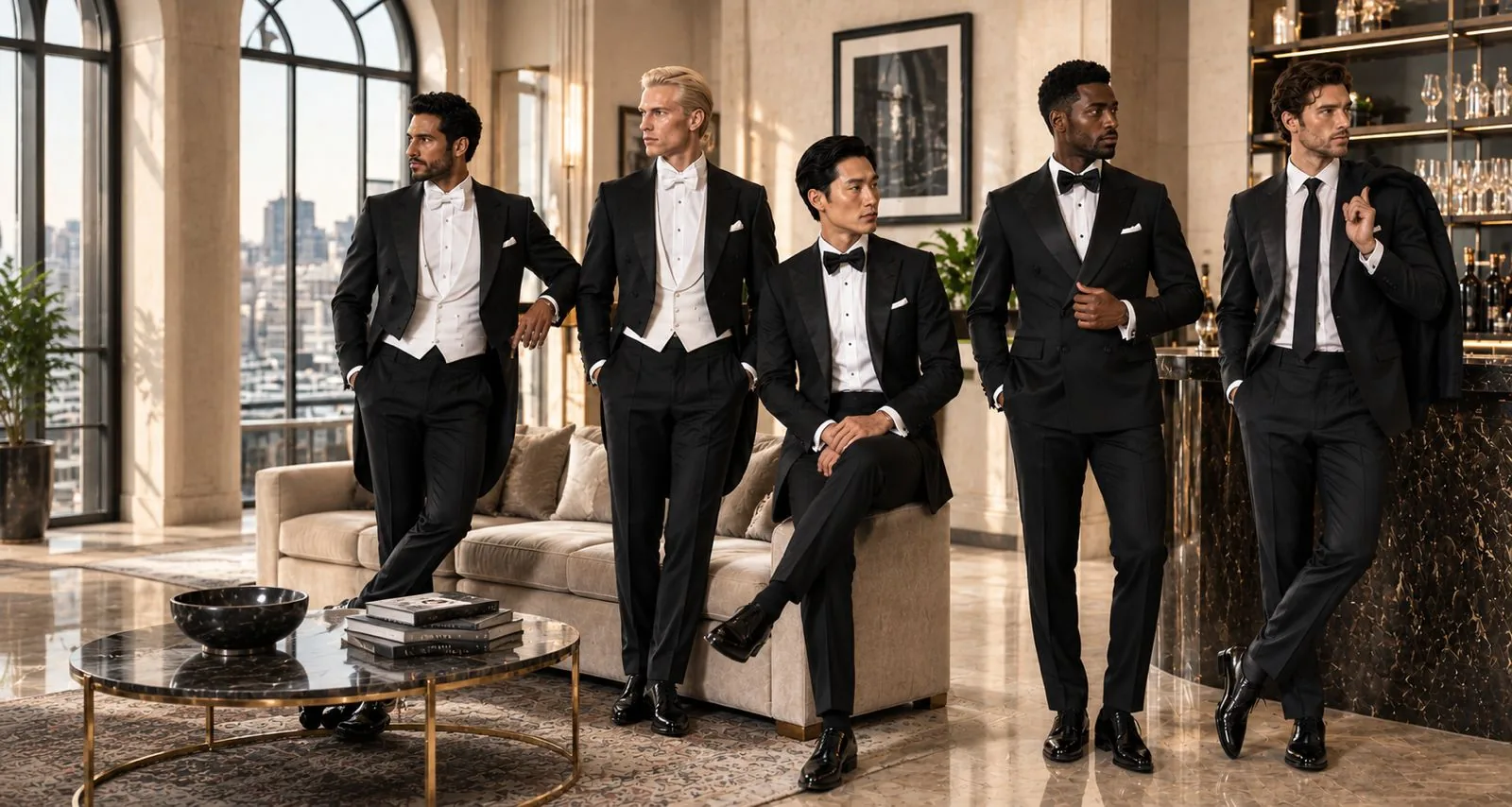 Five men in tailcoats, tuxedos and suits by Oskar Morgans